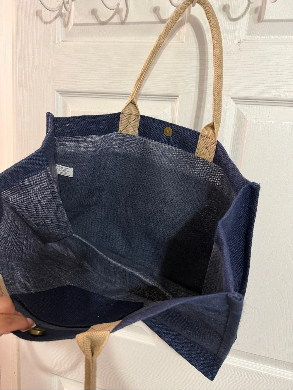 Navy Canvas Tote with Beige Handles and Subtle Logo